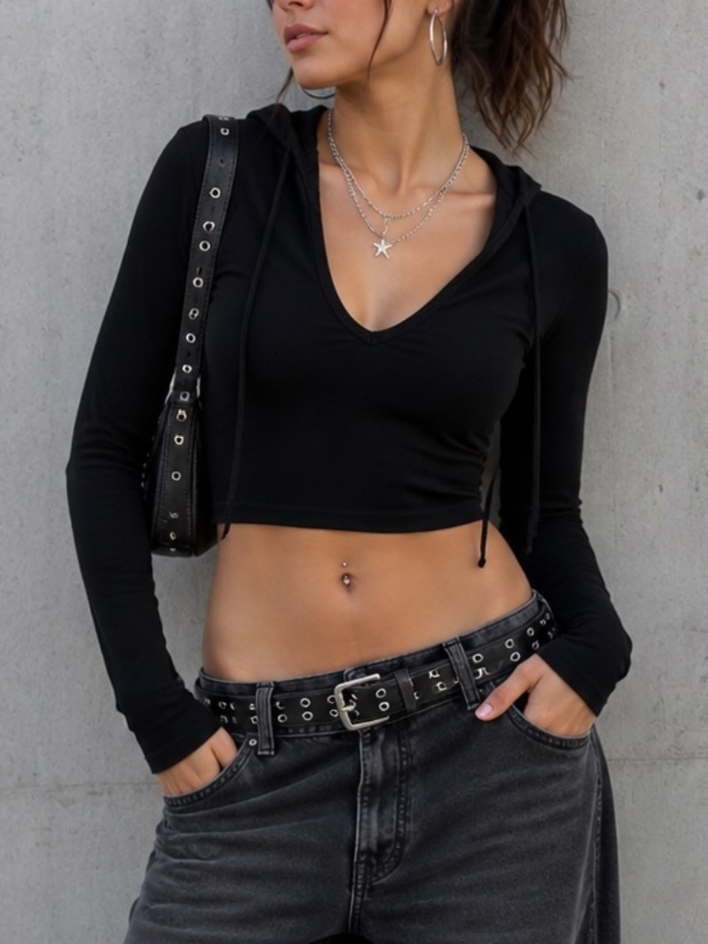 Garage Cropped Hoodie Womens Size Large Black Sweater Y2K Streetwear